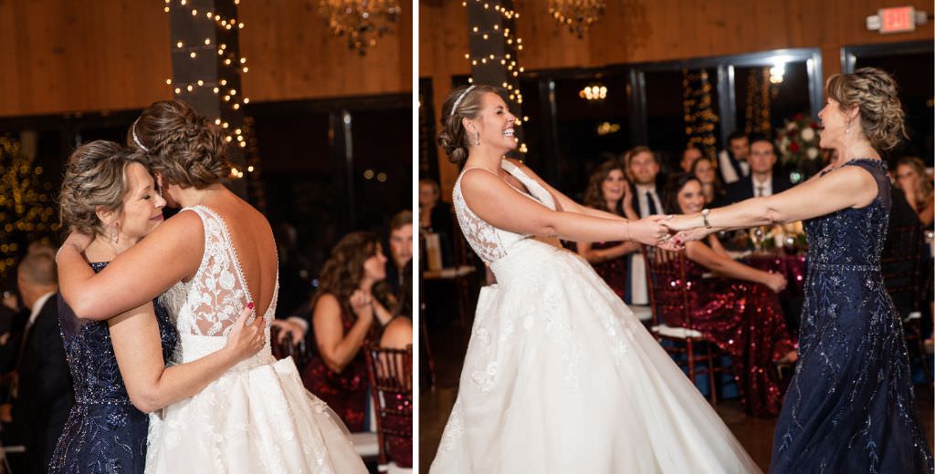 A bride and her mom dancing together at a wedding reception