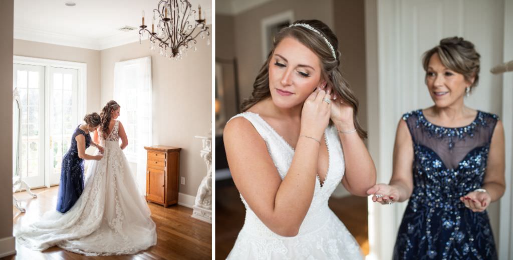 A bride's mom is helping her daughter zip up the wedding dress and watching her put on earrings.