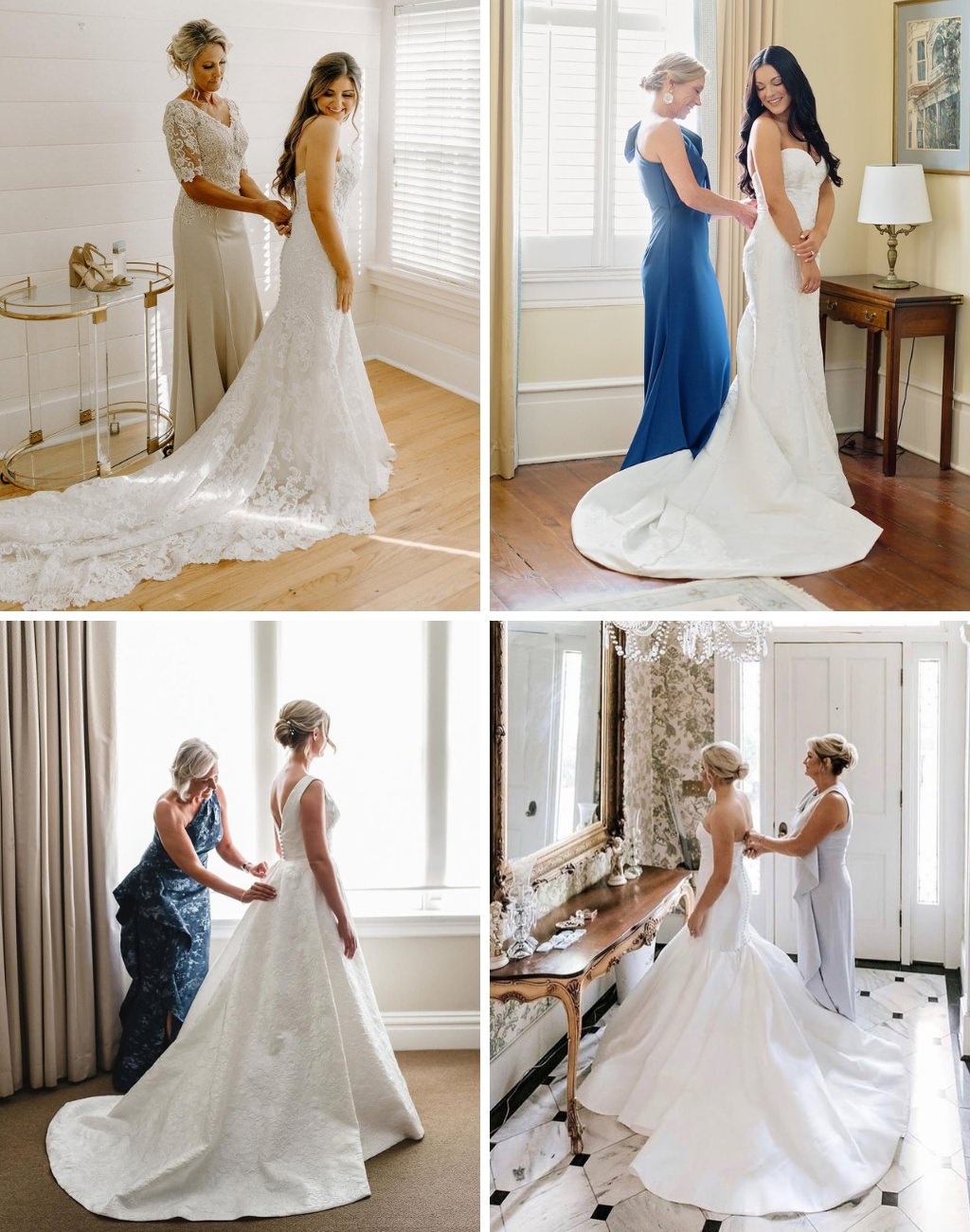 A photo collage of the bride's dress being zipped up by the mother of the bride. This collage shows four different photos of this moment happening.