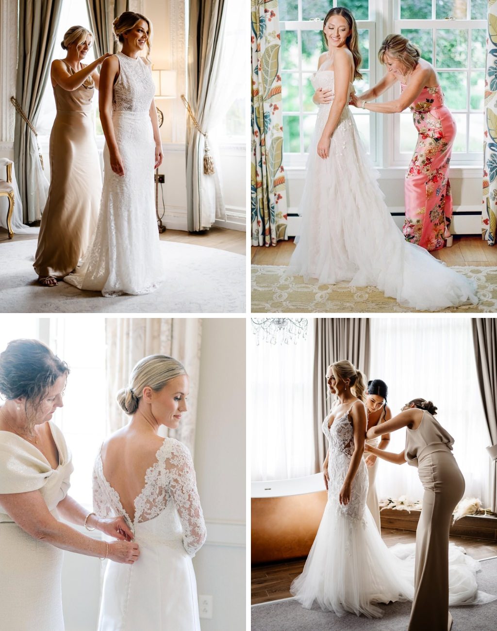 A photo collage showing four photos of the mother of the bride zipping up the bride's wedding dress