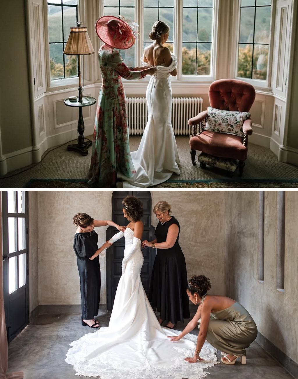 Two different photos of the bride having her dress zipped up or buttoned up by the mother of the bride.