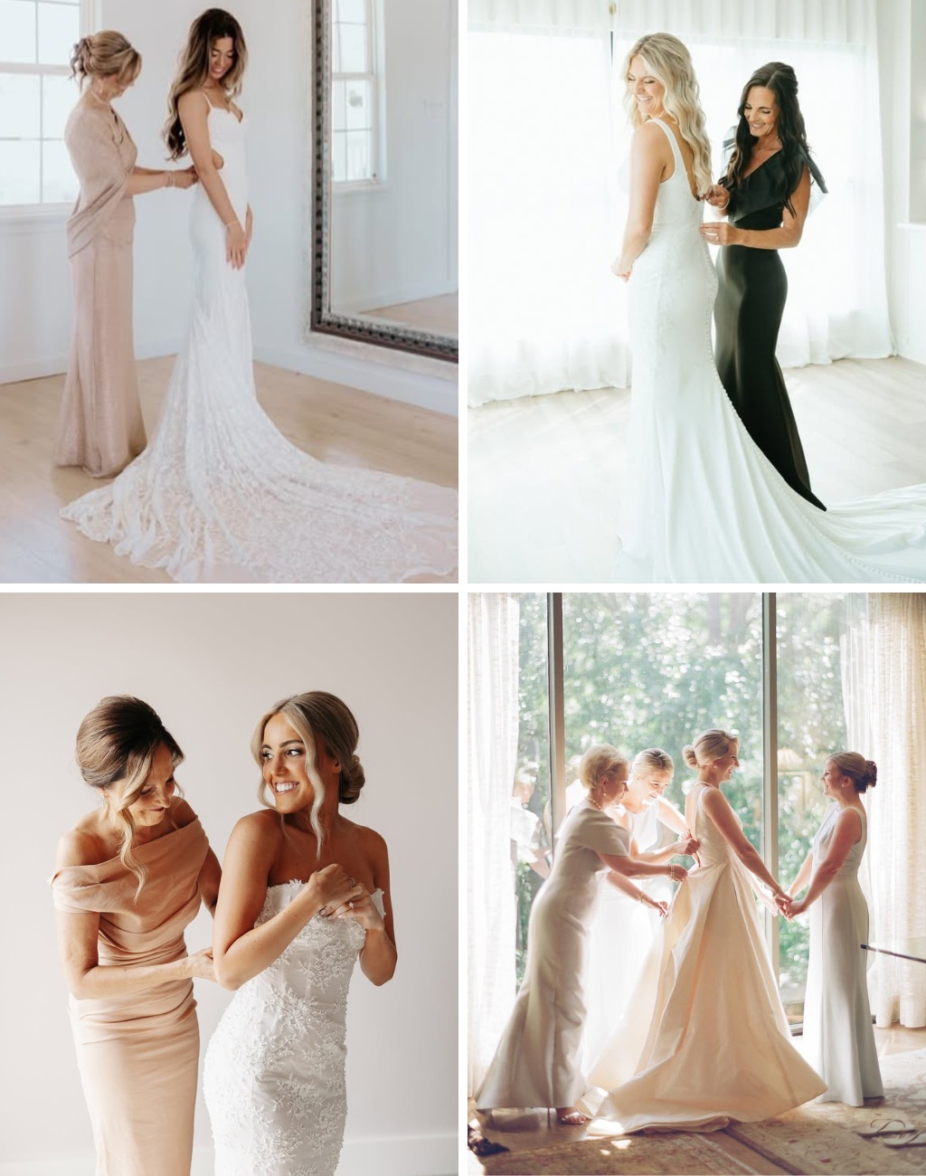 A photo collage showing four photos of the mother of the bride zipping up the bride's wedding dress