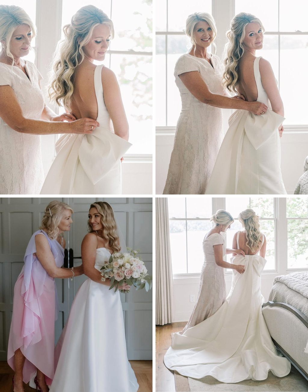 4 photos of the mother of the bride zipping up the bride's wedding gown