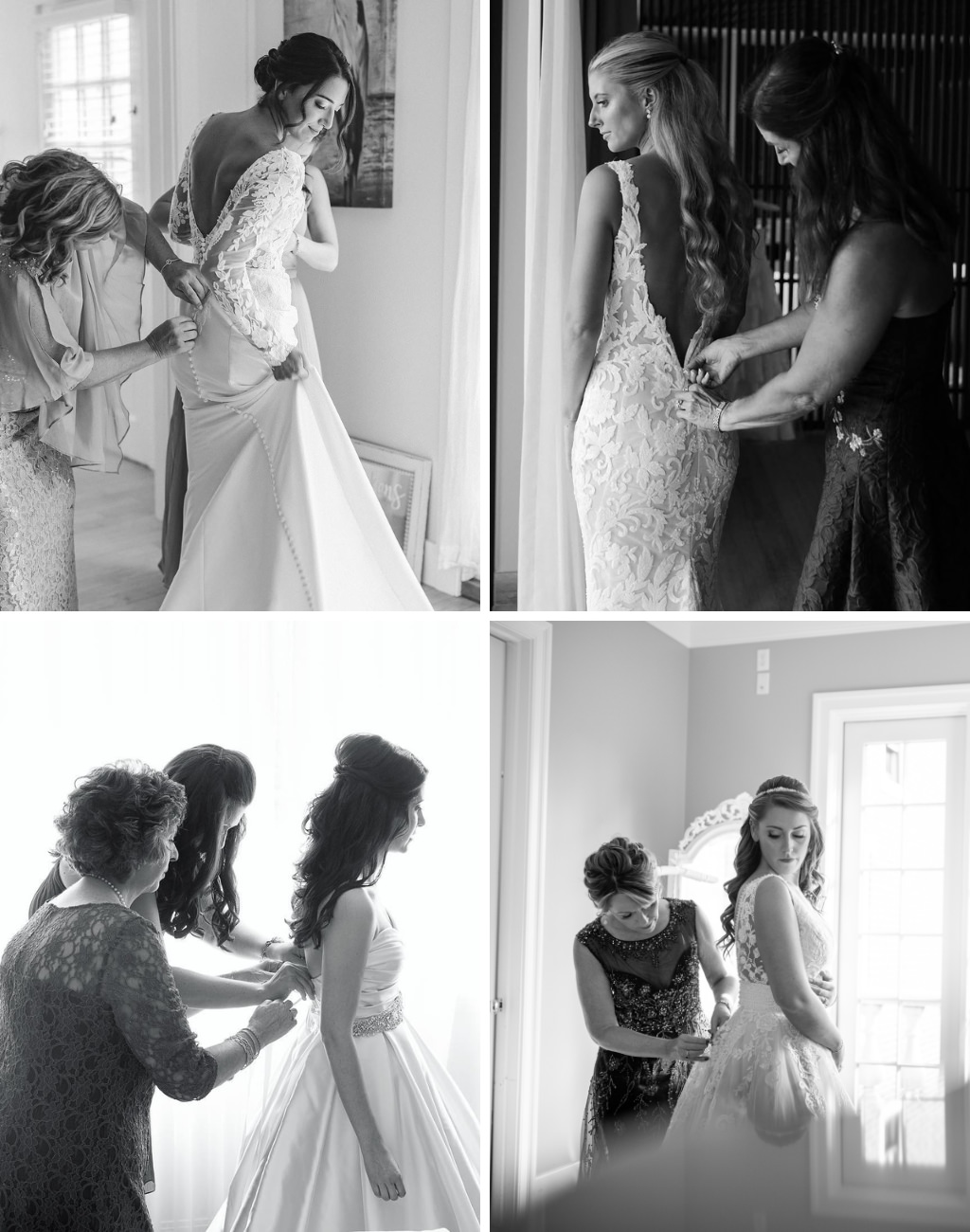 4 black and white photos that show the mother of the bride zipping up the bride's wedding dress