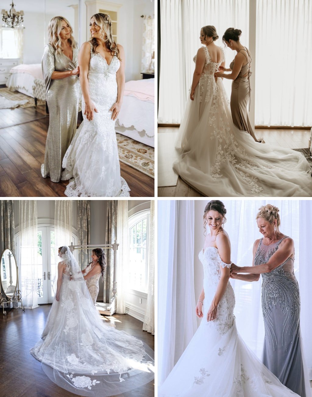 4 different photos that show the bride's dressed being zipped or buttoned by the mother of the bride