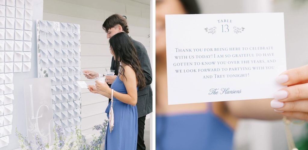 A wedding seating chart that is made up of personalized notes from the couple to each guest thanking them for coming to the wedding. This photo shows a couple looking at the wall of notes and then the woman holding up a close up photo of her not so you can see it.