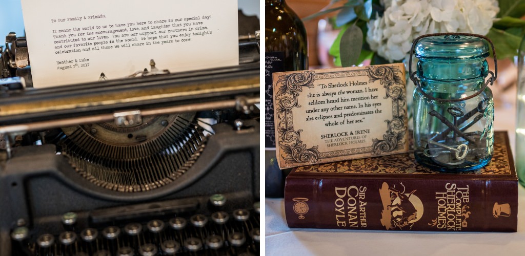 A wedding where the couple used their loved of reading and writing as decor. This shows a typewriter with a typed welcome note to guests and their favorite books being used as table numbers and decor.