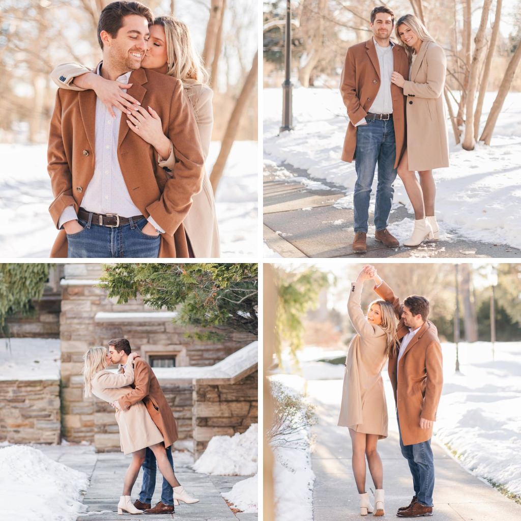 A couple posing in the snow during their engagement session