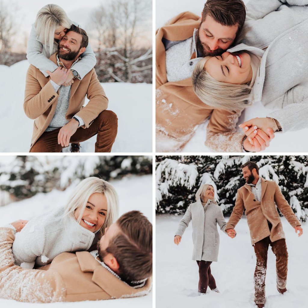 A couple having fun and playing in the snow during their engagement photo shoot