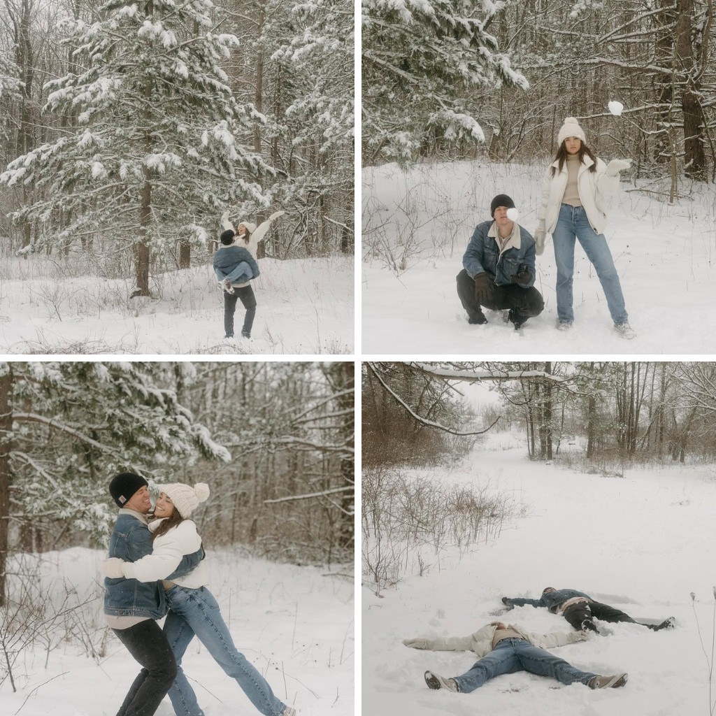 A couple playing in the snow and taking engagement photos