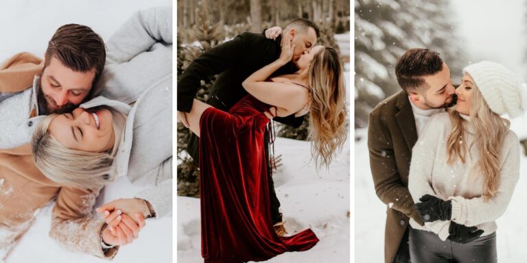 The cover photos for the blog post called snow engagement photos. This shows 3 different engagement photos taken in the snow
