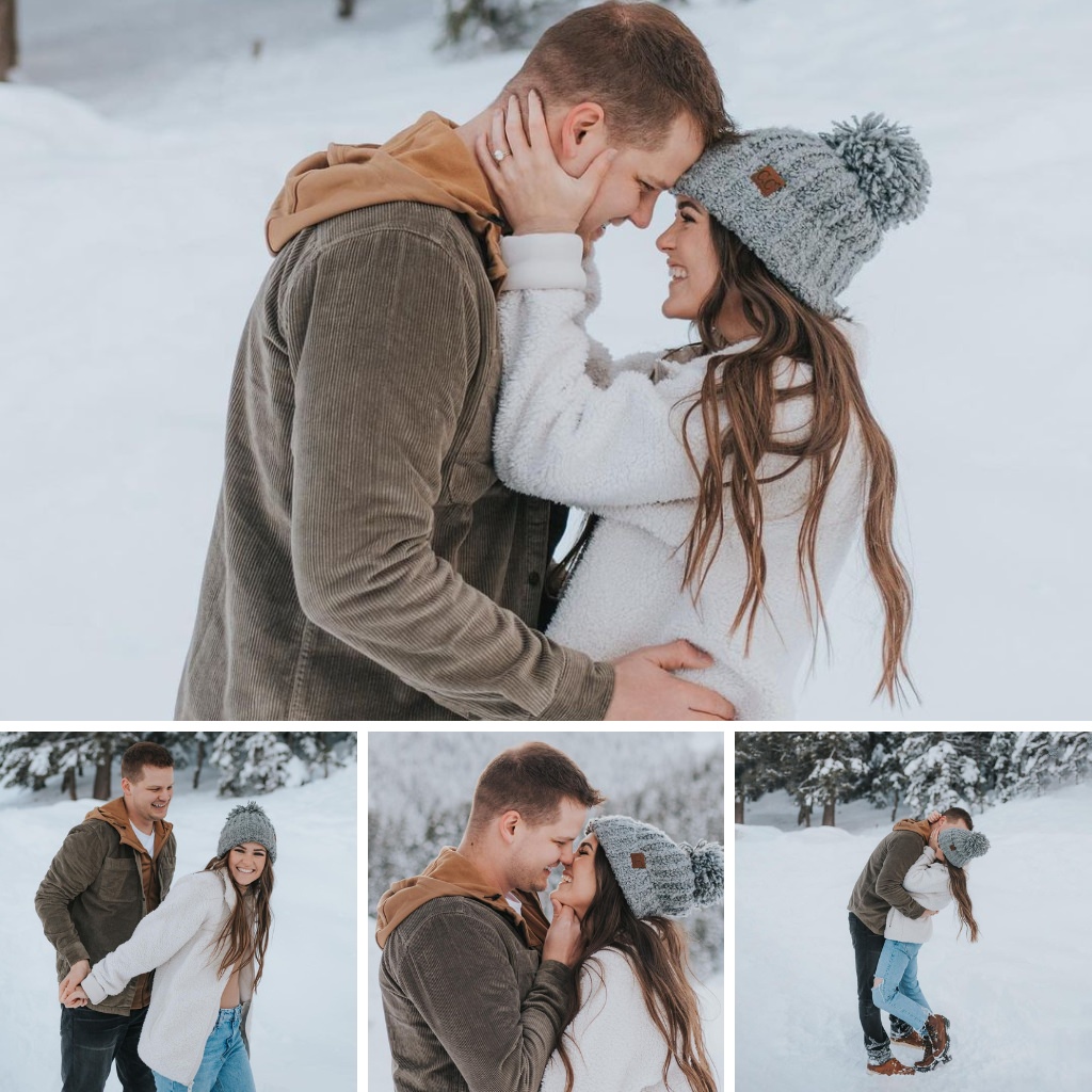 A guy and girl playing in the snow. They are taking engagement photos