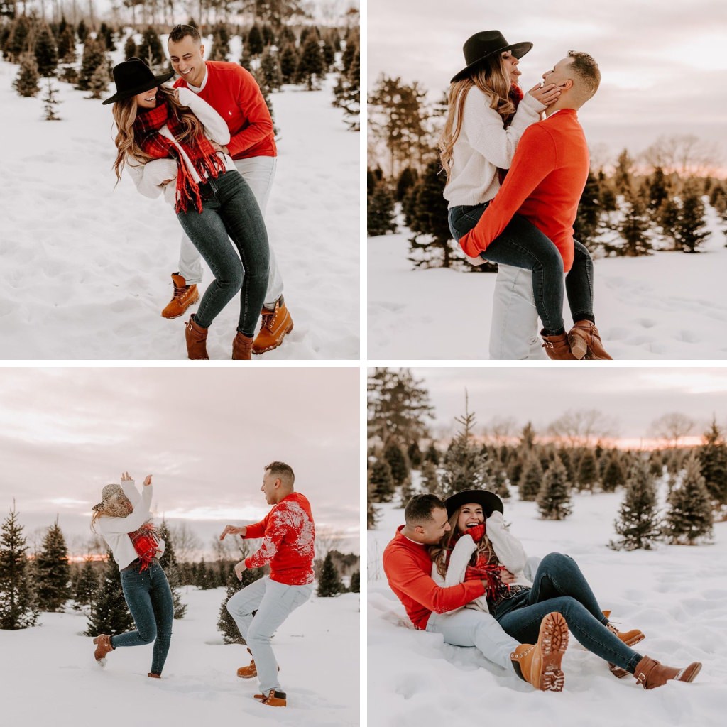 a fun couple playing in the snow