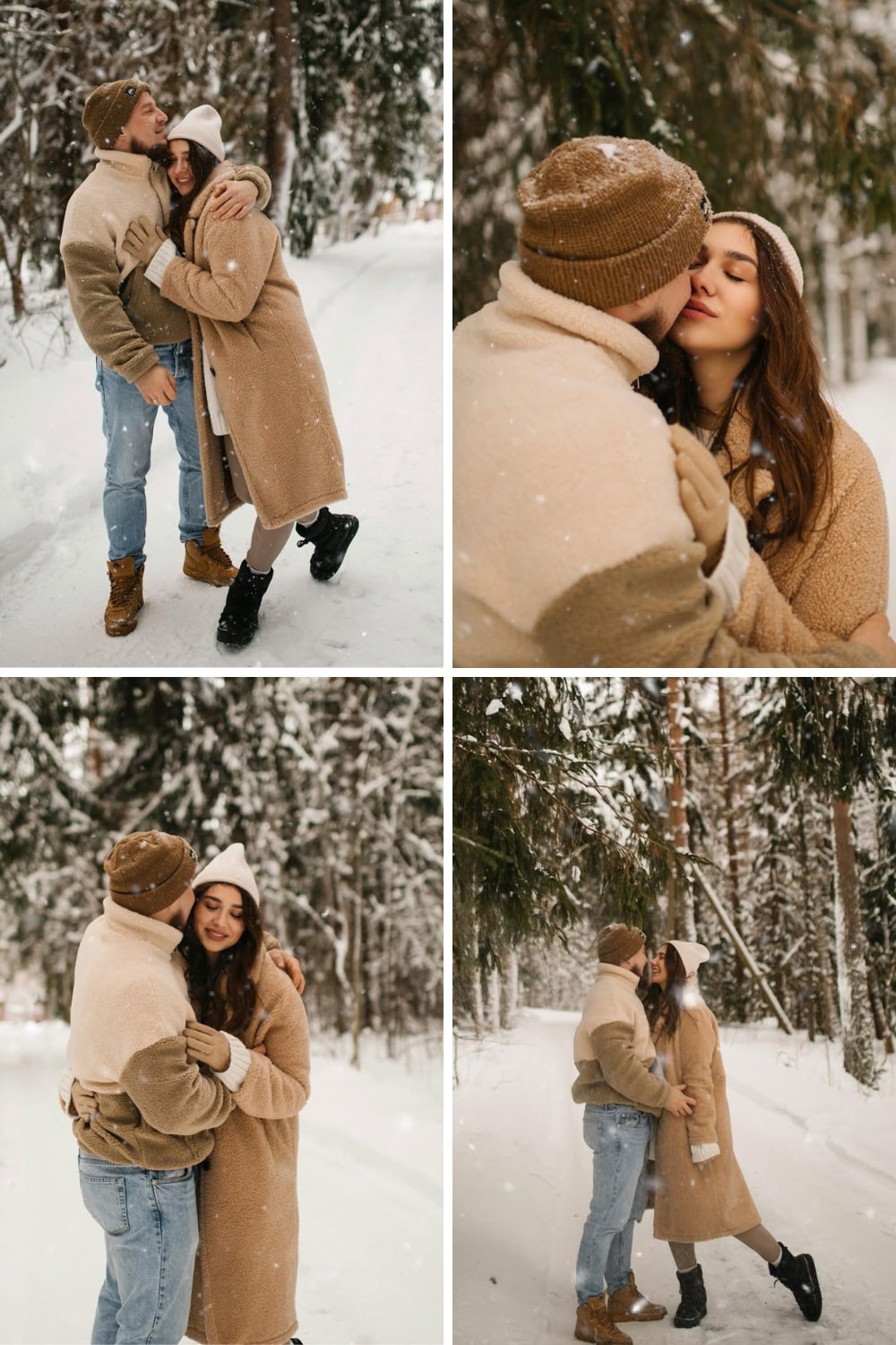A couple playing and taking engagement photos in the snow