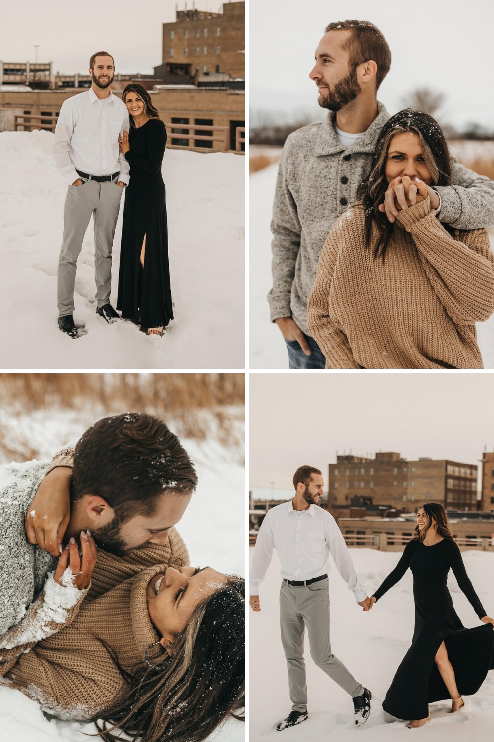 A beautiful collage of engagement photos taking place in the snow during winter