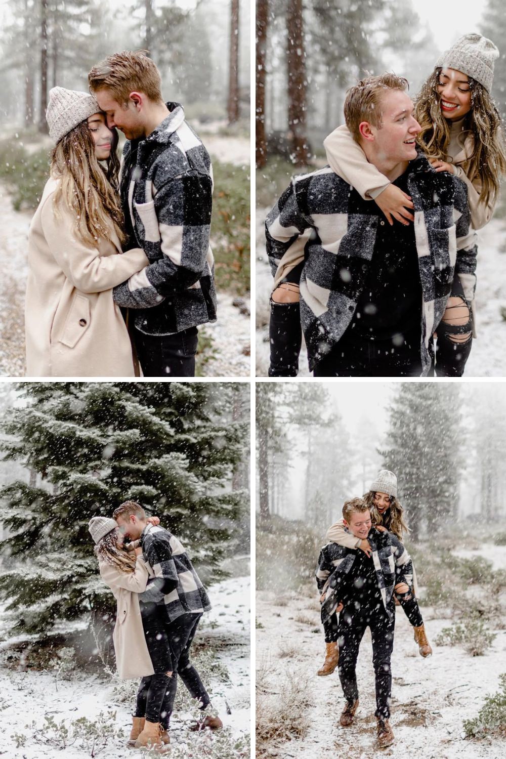 A stylish couple posing for engagement photos in the snow with pine trees in the background