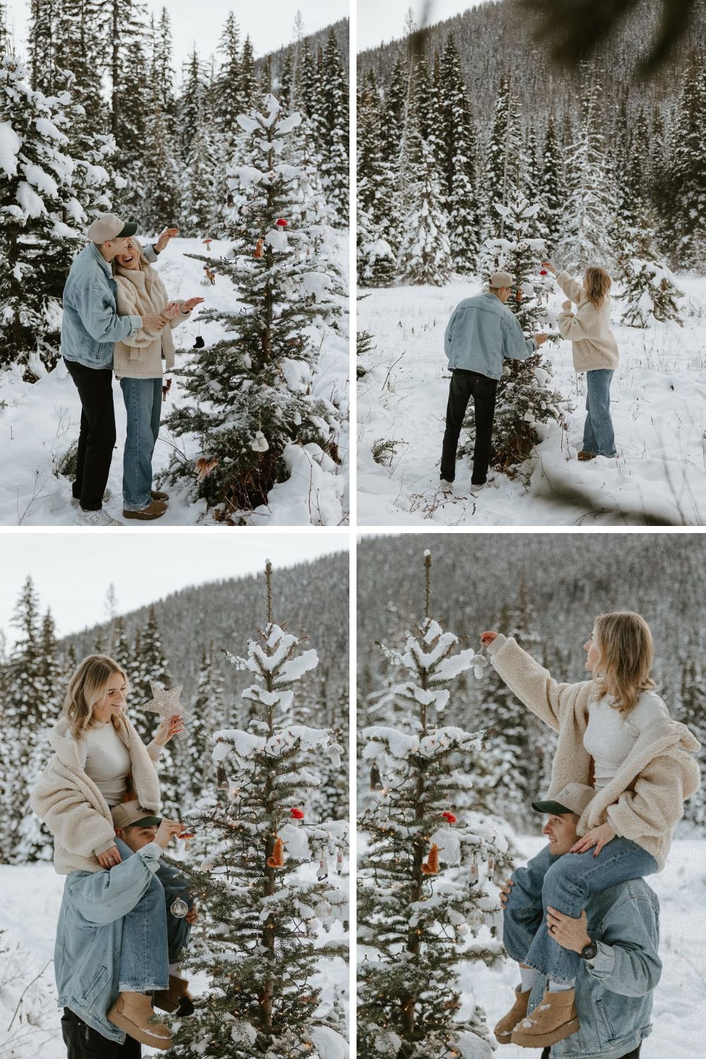 A couple decorating a Christmas tree outside in the snow