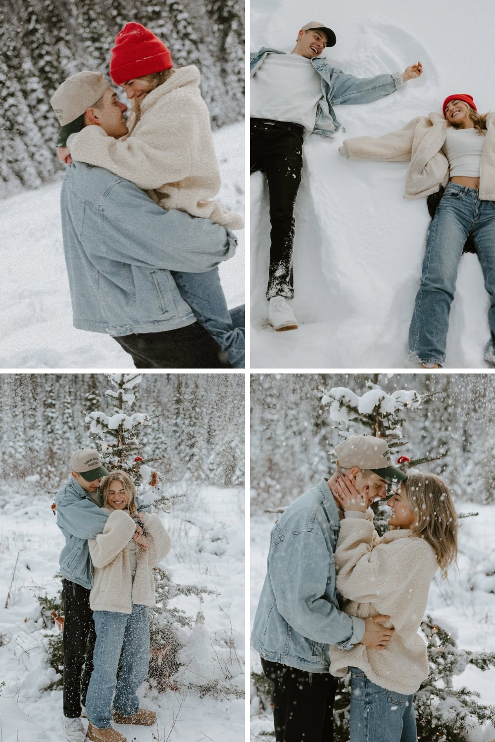 A fun couples takinf engagement pictures in the snow in casual outfits