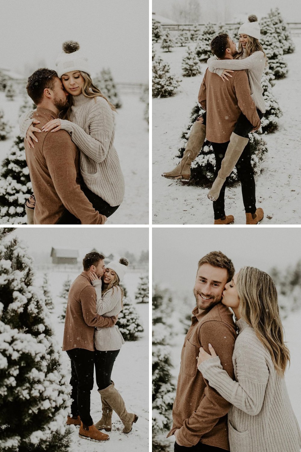 A nice dressed up couple posing for engagement photos in the snow
