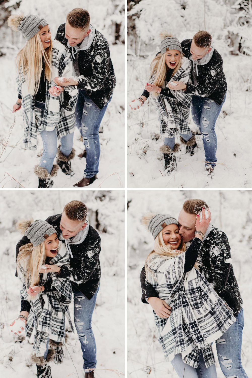 A couple playing in the snow and hitting each other with snow balls.