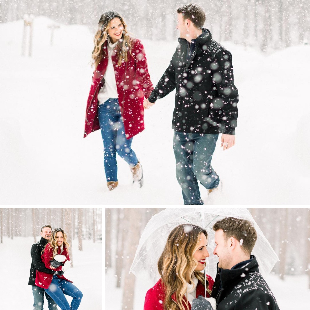 A woman in a red and man in black walking in the snow