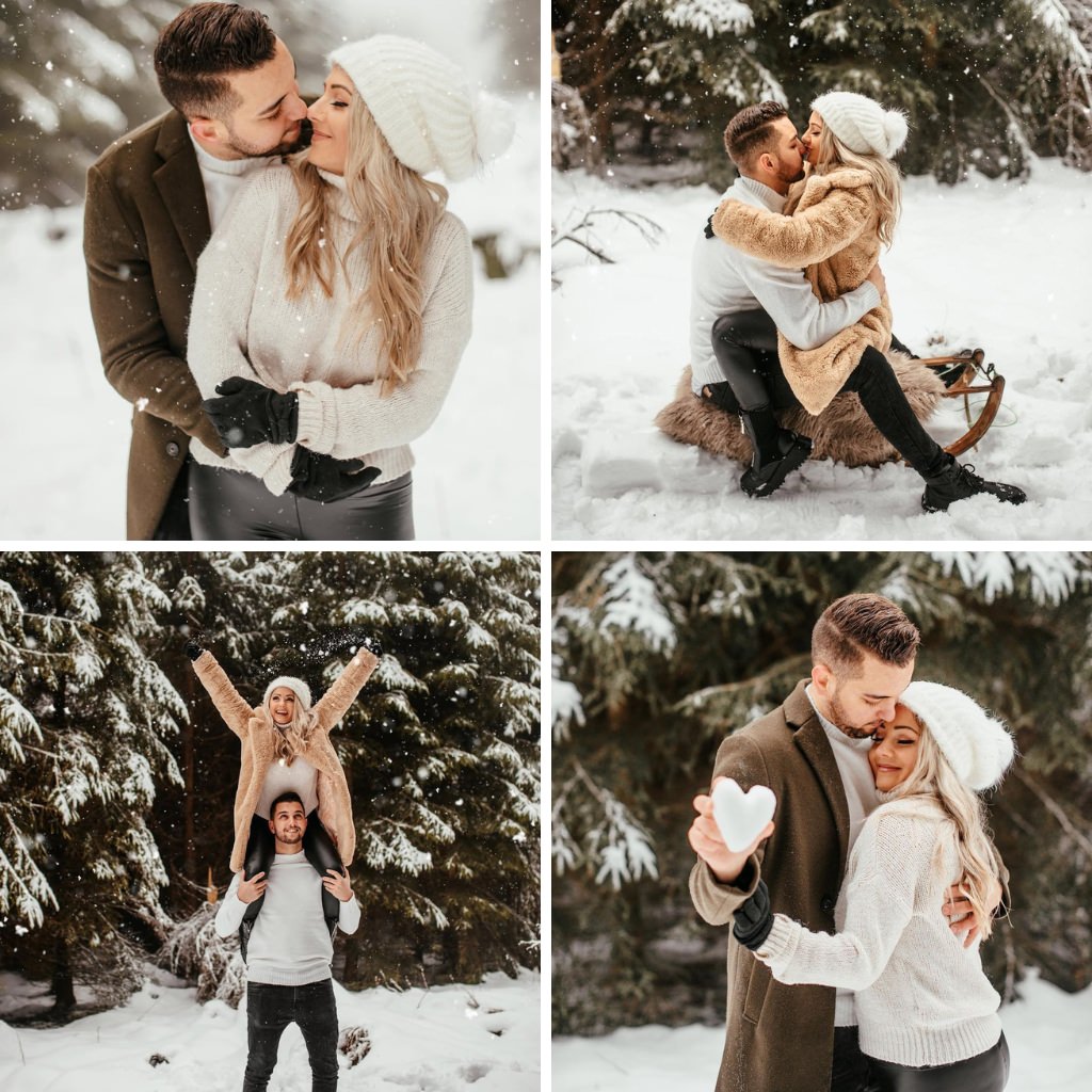 A couple taking engagement photos in the snow. They are wearing neutral outfits with black, white, and brown
