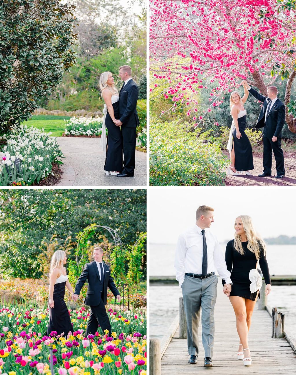 A couple posing for engagement pictures in a park with lots of flowers