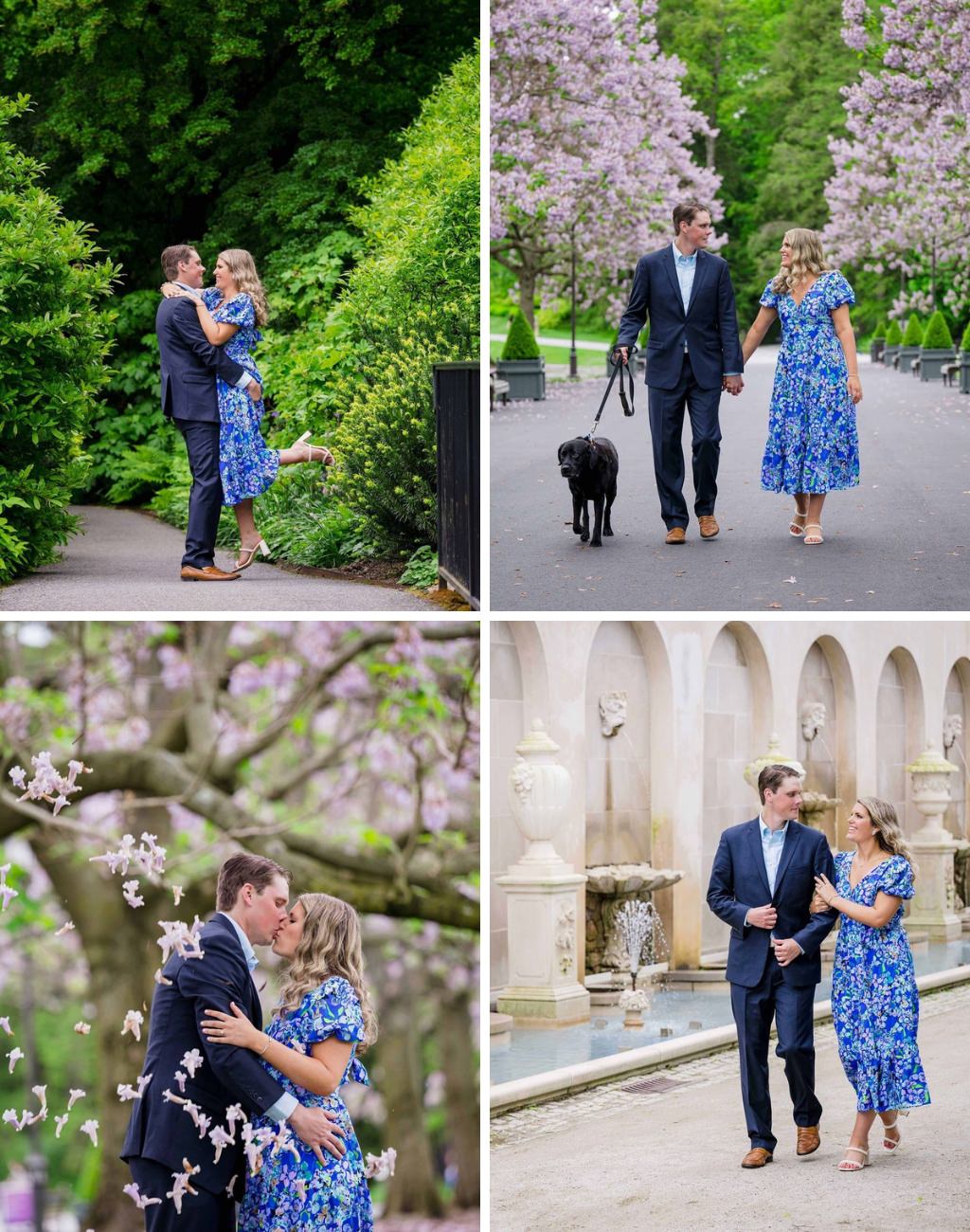 A couple posing for engagement photos. The girl is in a bright blue dress.