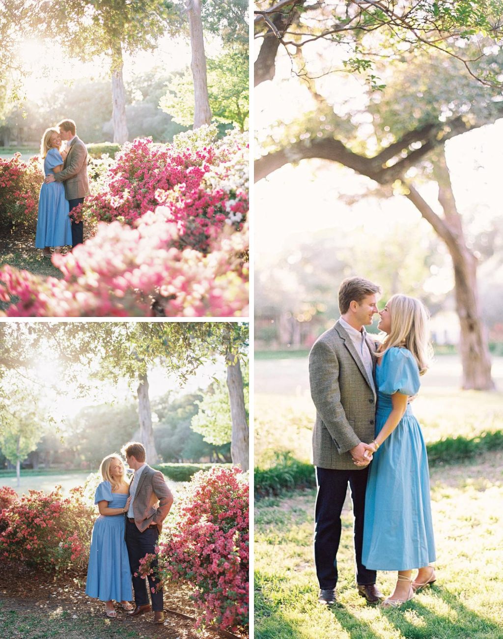 A couple posing for springtime engagement photos outside near lots of flowers