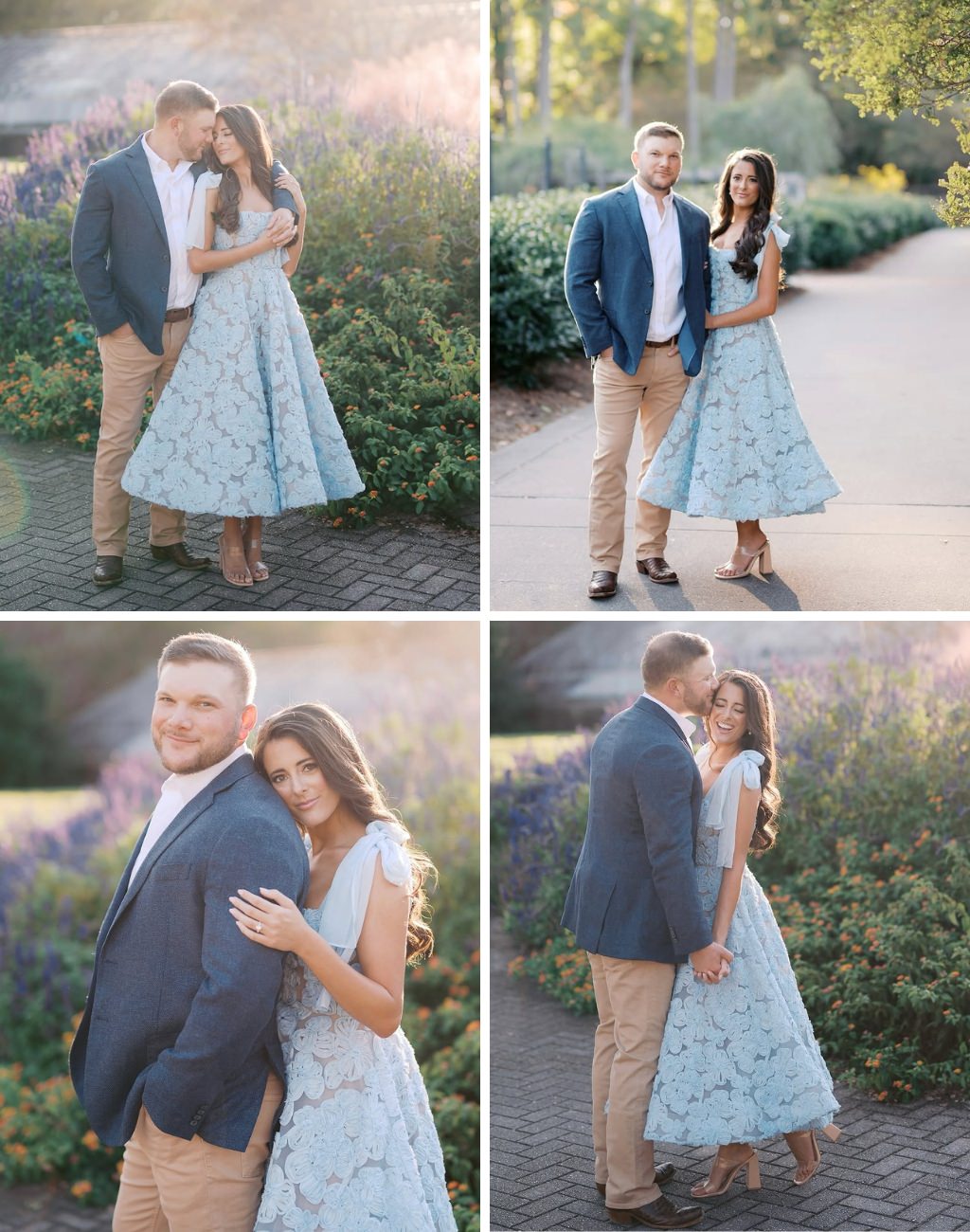 A cute couple posing for engagement photos during the spring. The bride-to-be is wearing a gorgeous blue dress.