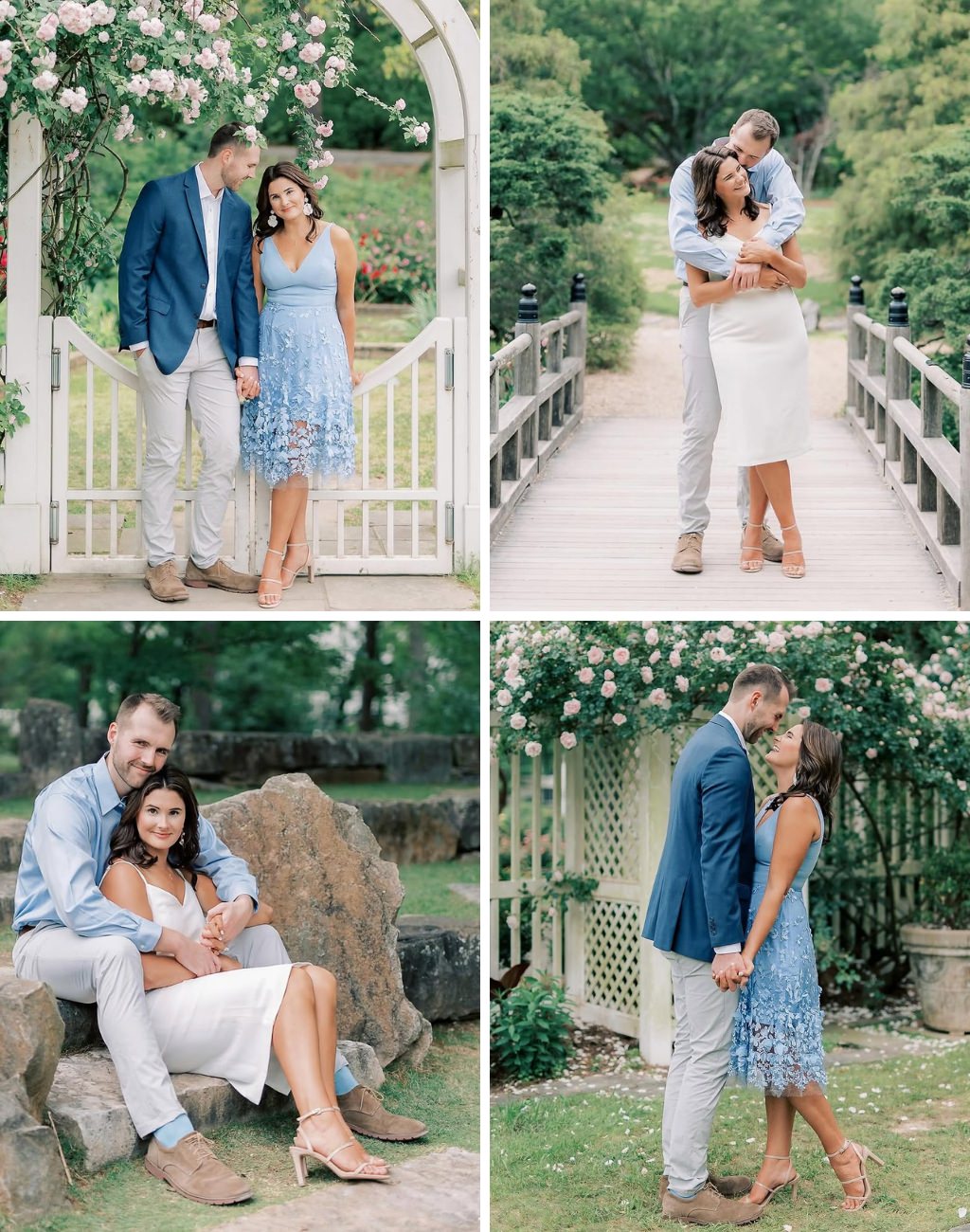 A couple posing for outdoor engagement photos. This is a 4 photo collage. The girl is wearing a blue dress in two photos and a white dress in two photos.