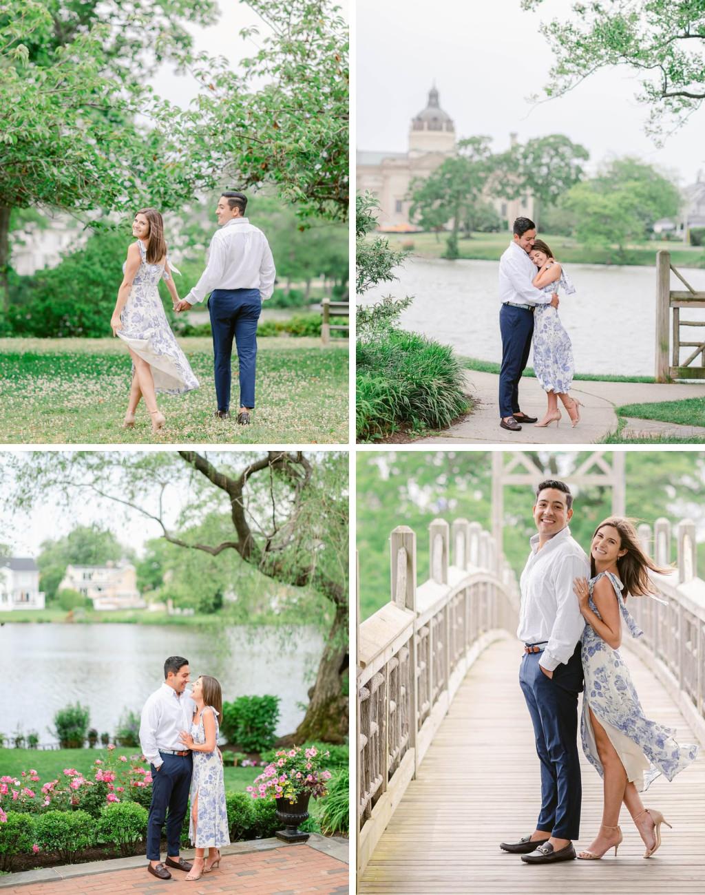 A couple taking engagement photos outside during early spring