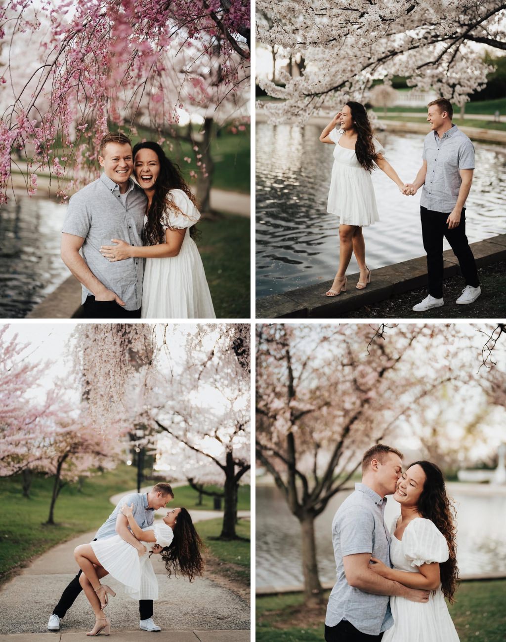 A guy and girl posing for engagement photos in Washington DC during the cherry blossom bloom