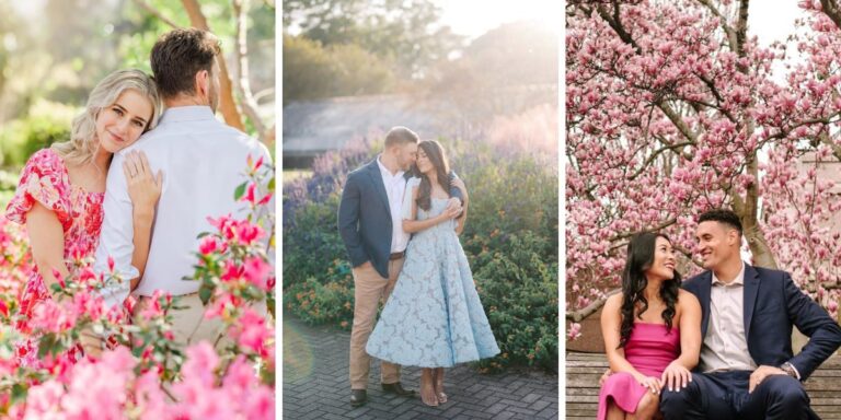 The cover photo for the blog post called spring engagement photos. This shows 3 different couples posing for photos near trees filled with blossoms