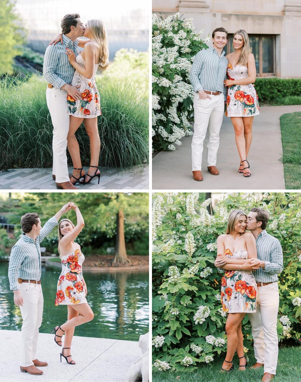 A couple taking pictures for their engagement session in a variety of poses. The girl is wearing a pretty floral dress.