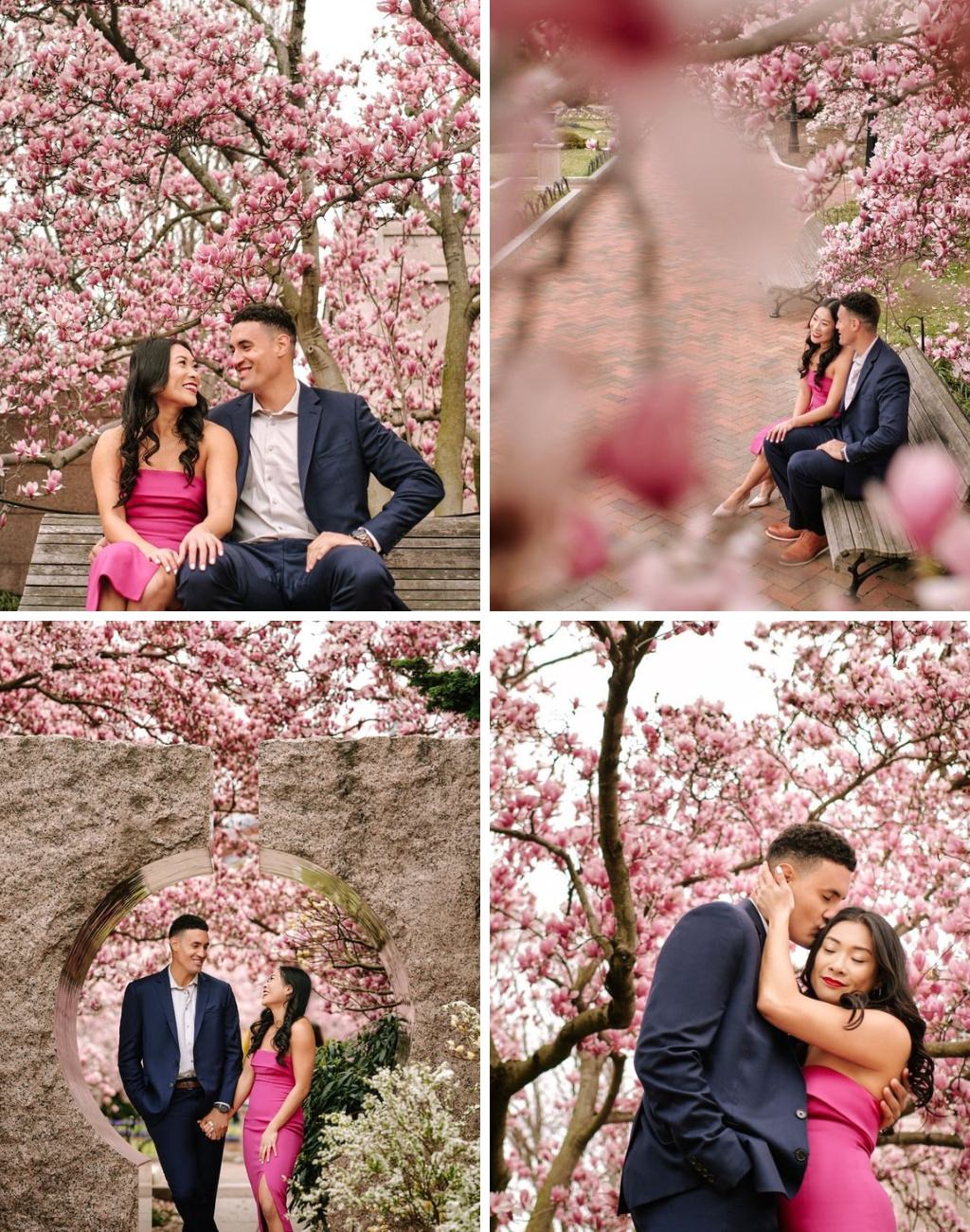 A couple posing for engagement pictures under pink tree blossoms