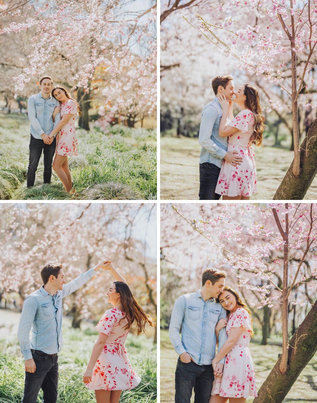 A couple posing for photos under spring tree blossoms
