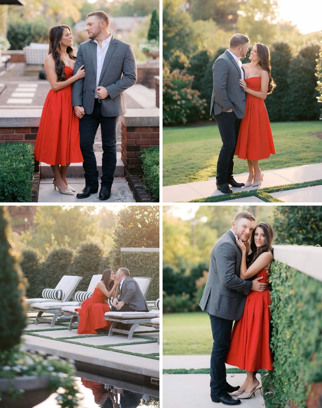 A couple posing for outdoor engagement photos. The girl is wearing a bright red dress.