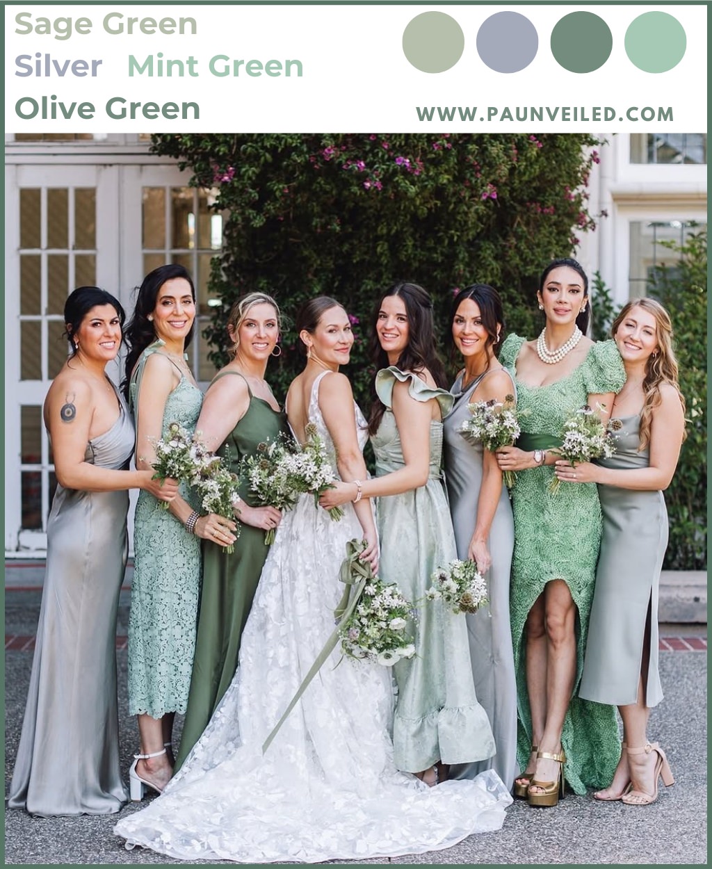 A bride in a white bridal gown posing with bridesmaids wearing a variety of dresses in sage green, olive green, mint green, and silver.