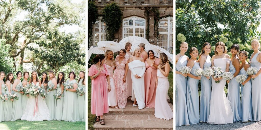 A collage of wedding photos with spring color palette ideas. This shows brides and bridesmaids in blue, green, and pink