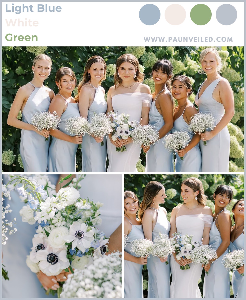 A collage of wedding photos that shows a bride in a white dress posing with bridesmaids wearing light blue bridesmaid dresses. They are all holding white baby's breath bouquets.