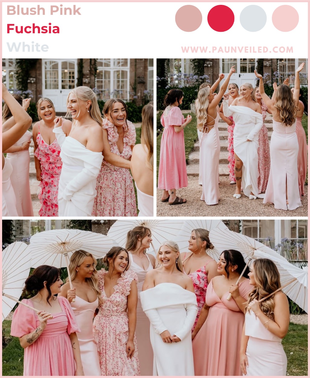 A collage of wedding photos that shows a bride in a white bridal gown posing with bridesmaids in a variety of shades of pink bridesmaid dresses. They are also holding parasols.