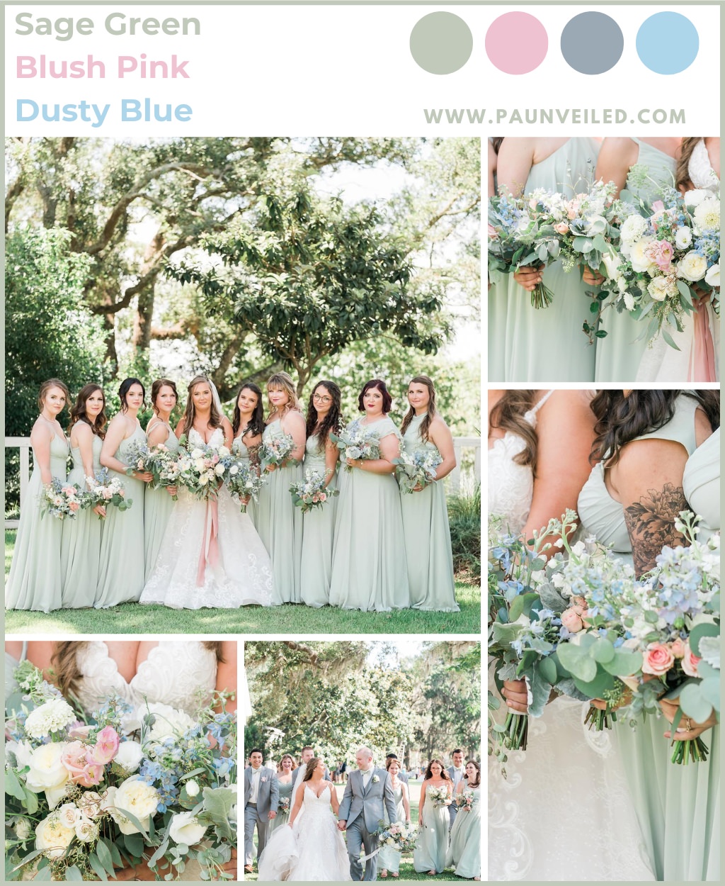 A collage of photos from a spring wedding that features the sage green blush pink, baby blue, and gray color palette. This shows a bride with her bridesmaids. All of the bridesmaids are wearing sage green dresses. The groom and groomsmen are in gray suits.