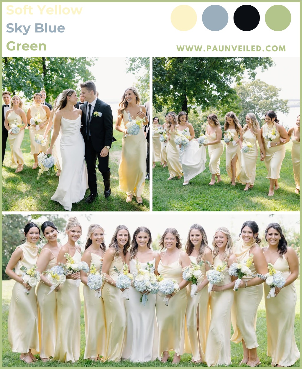 A bride wearing a white dress posing outside with lots of bridesmaids wearing soft yellow bridesmaid dresses.