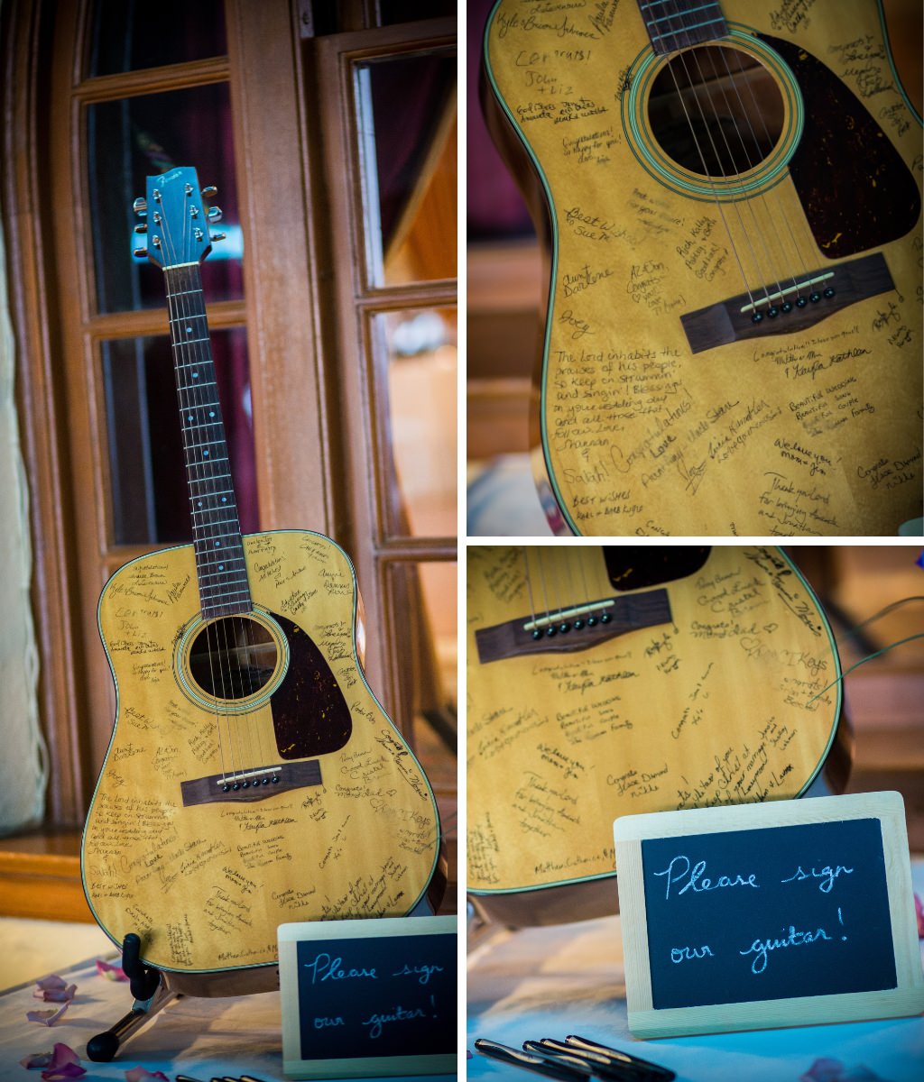 really fun and unique wedding guest book ideas include things like this acoustic guitar that the couple had their guests sign