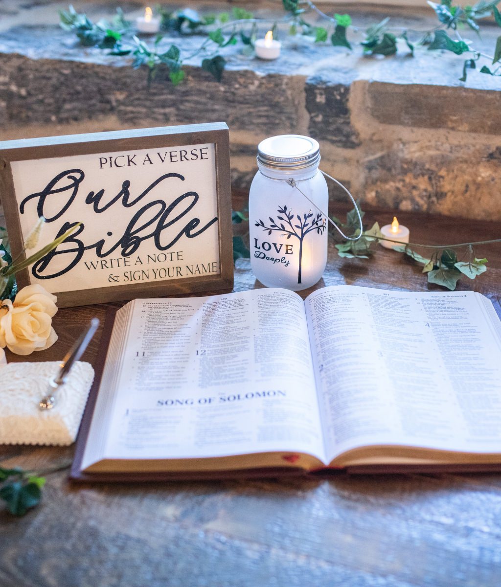 A Bible being used a guest book for the wedding. The bride and groom asked the guests to sign near their favorite passage/section.