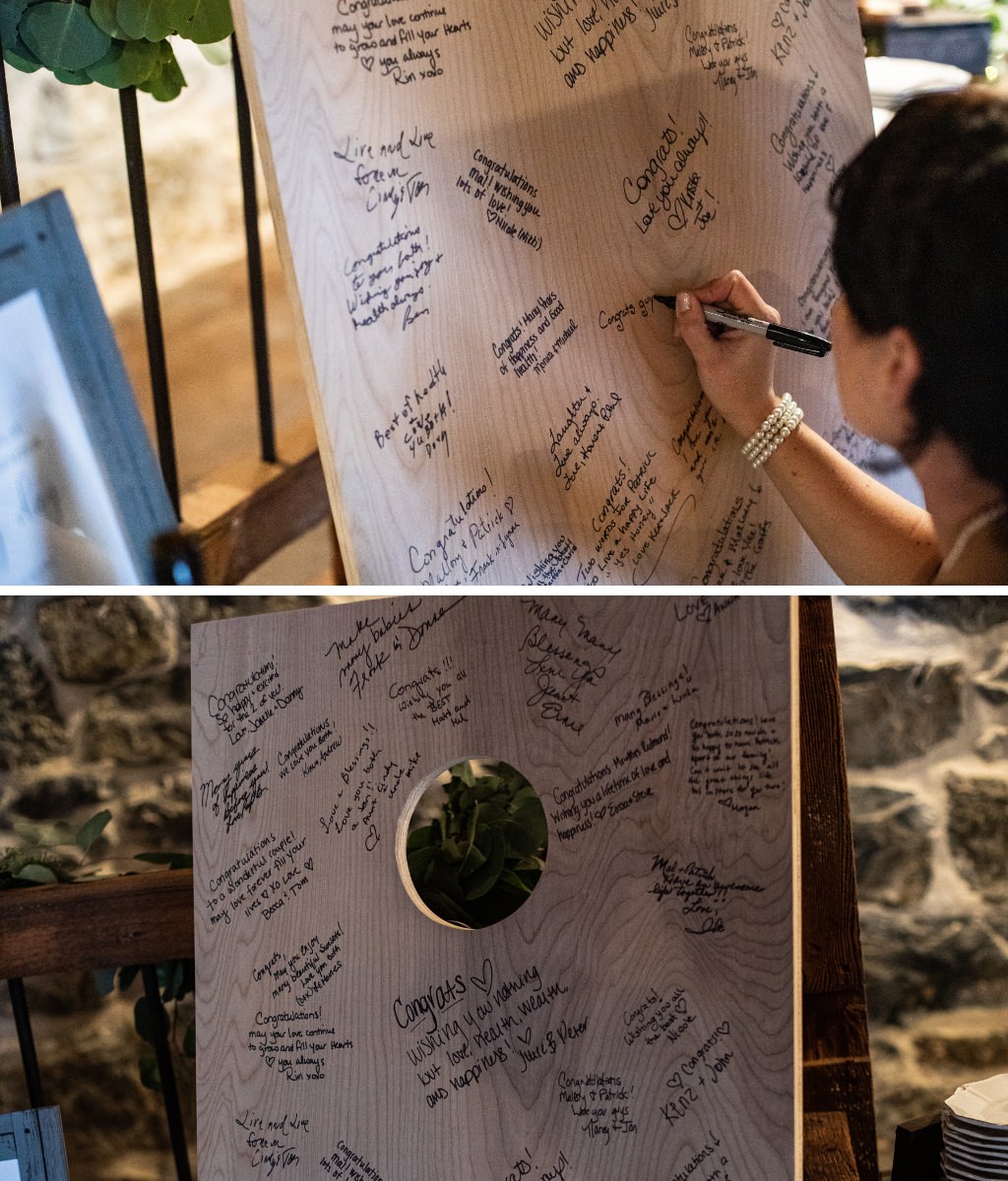 This couple had blank cornhole game boards made and had their wedding guests sign them. Then they had them sealed so the signatures would not come off.