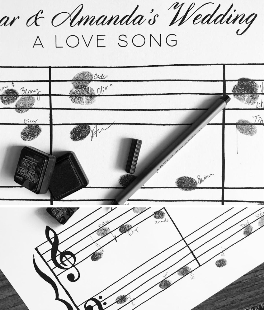 A music score love song wedding guest book where guests put their thumbprint as one of the notes for a song.
