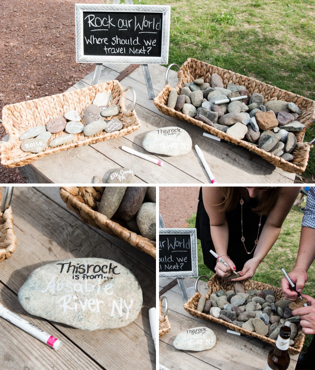A couple set up a yard rock garden and had wedding guests sign a rock with a location they should travel. The couple put all of the rocks in their garden and now when they want to take a trip, the just grab a rock.