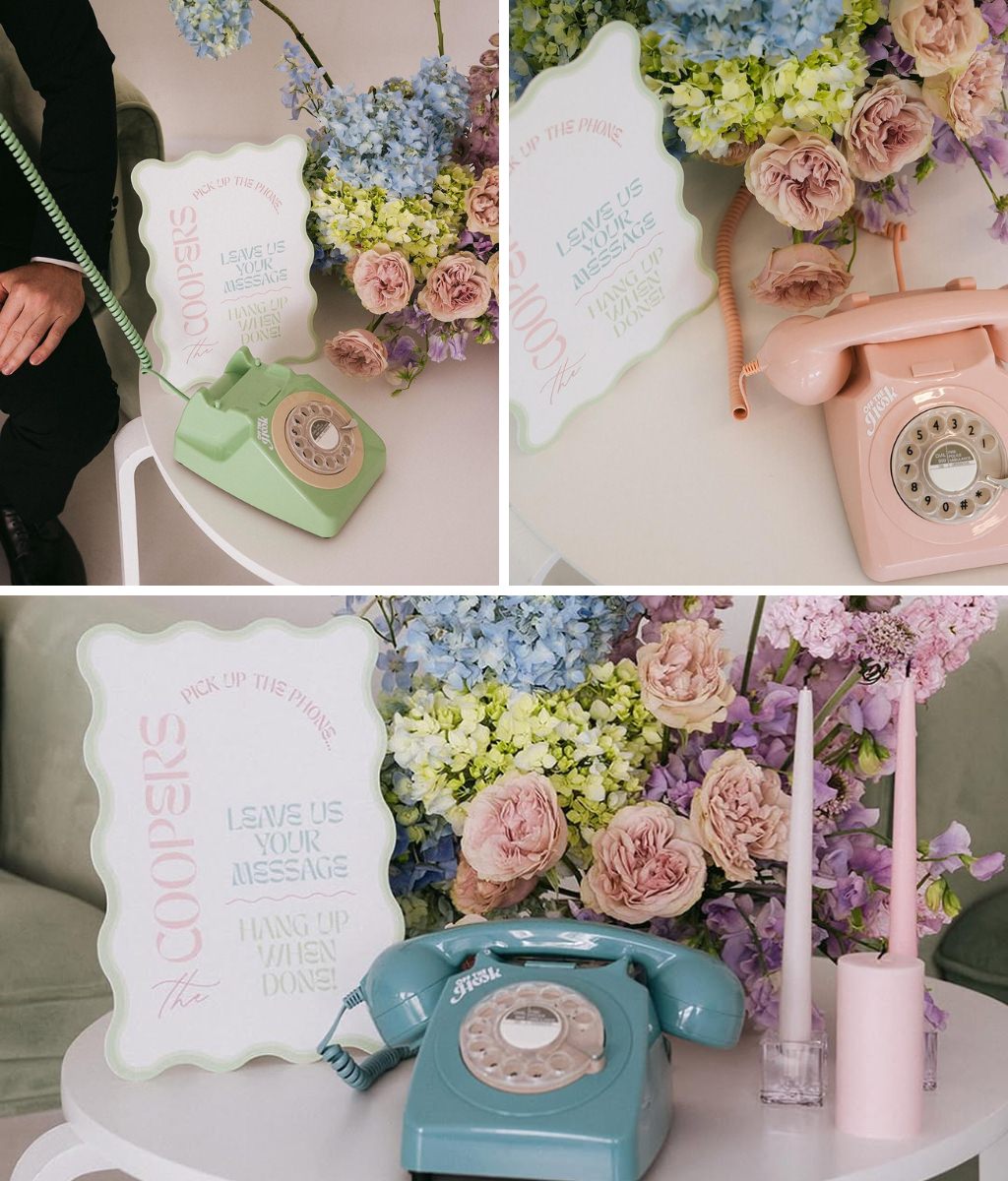 An old telephone audio message guestbook where wedding guests pick up the phone and are prompted to leave a message for the couple. This is a fun alternative to the traditional guest book